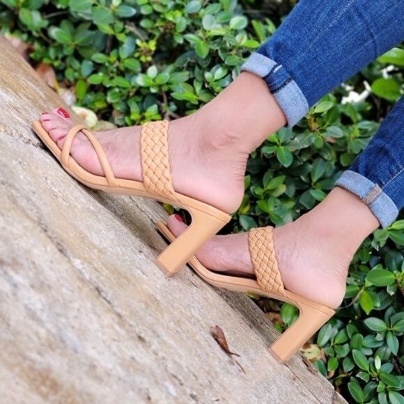 Women's Natural Braided Chunky Block Heel Slide Sandals - Picture 3 of 5